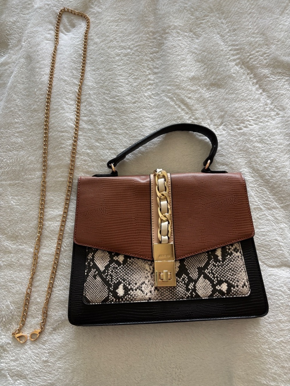 Aldo Brown, Black & Snake-Print Top-Handle Satchel with Gold Chain